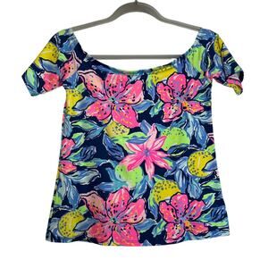 Lilly Pulitzer Keria Off The Shoulder Top In Nauti Navy Capri Soleil Size XS